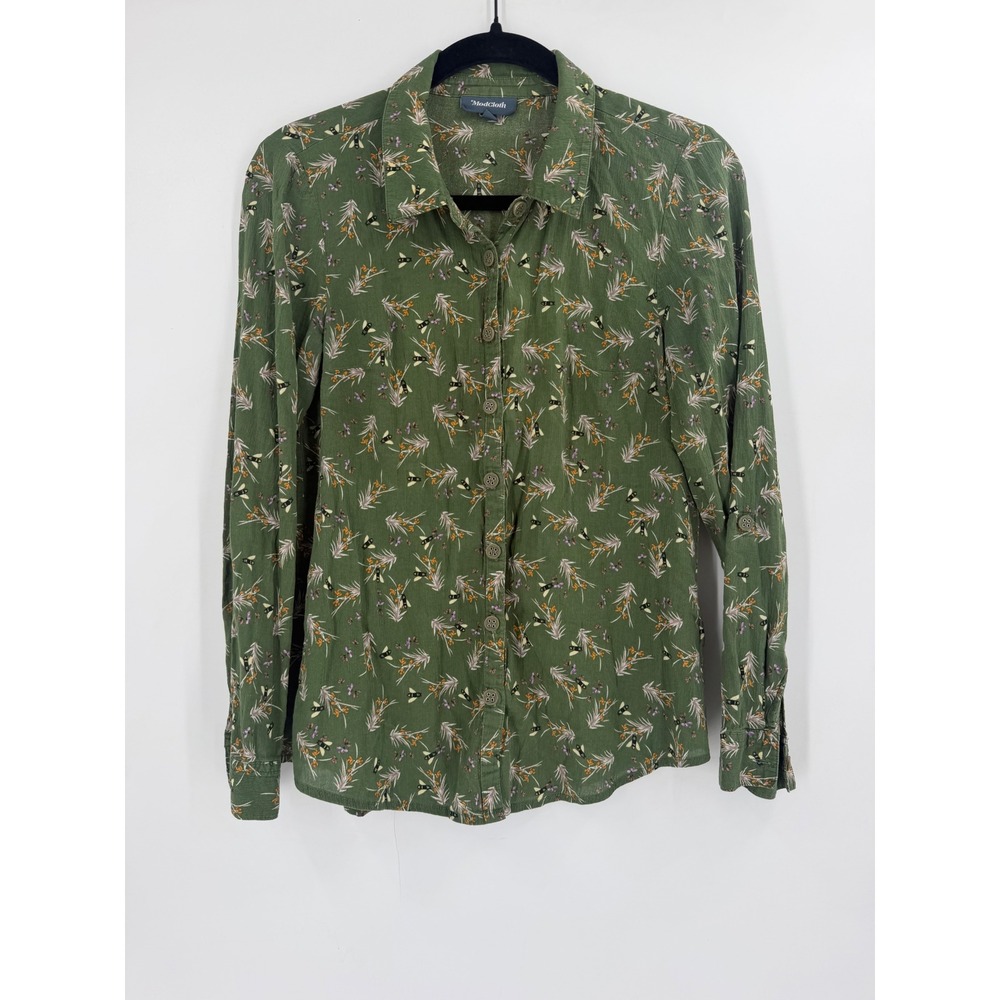 ModCloth Oxford Shirt Womens M Green Bee Print Cotton Button Down Top Roll Tab - Picture 2 of 9